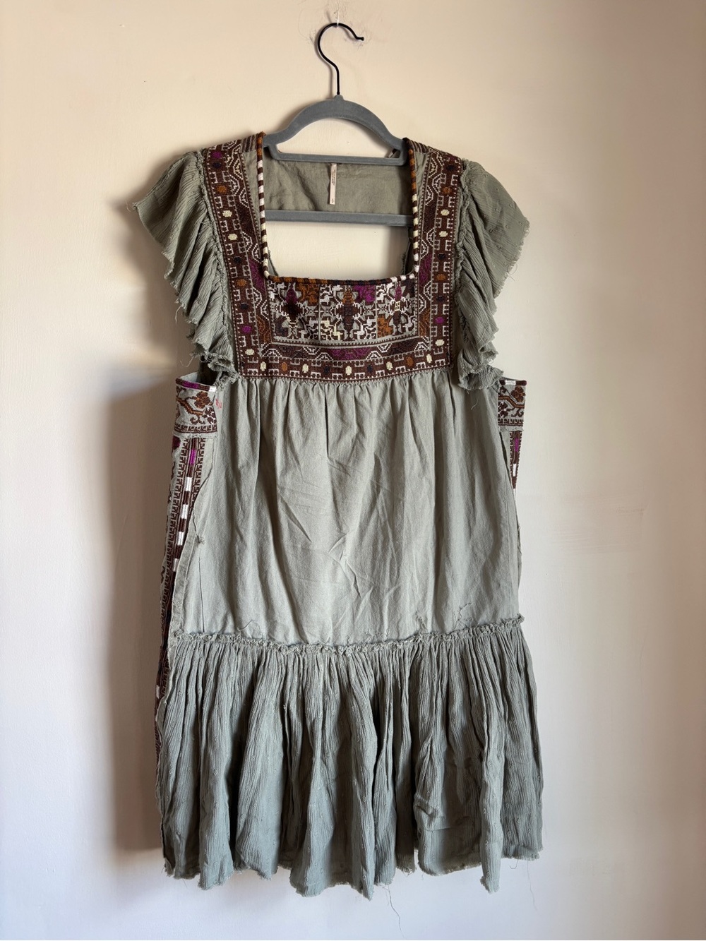 Free People Day Glo Mini dress Embroidered Square-Neck Sage Green size S